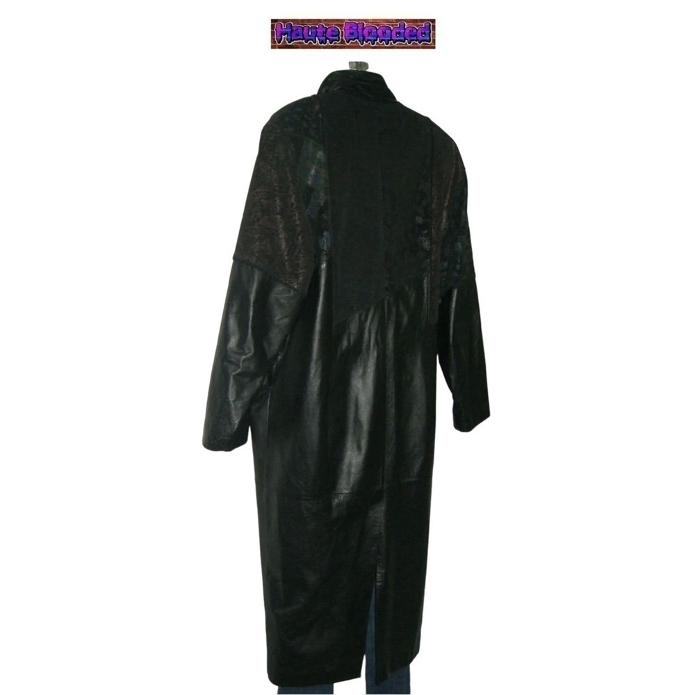 Vintage 90's Long Black Leather Trench Coat Holographic Boho Print Floor Length - Picture 9 of 15